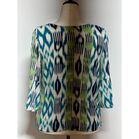 Chicos Top Womens Large 2 Blue Green Colorful Ikat Back Detail Bell Sleeve Rayon - Picture 3 of 11